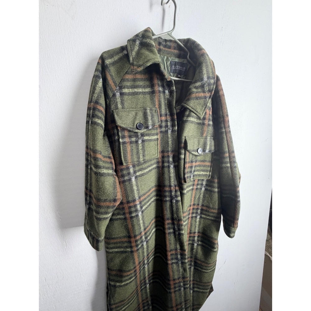 Eloquii Olive Green Plaid Longline Shacket Coat Plus Size 18/20 Wool Blend Style